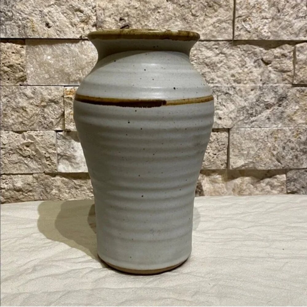 SOLD Hand-Thrown Vase – Soft Grey & Ochre Brushwork - Picture 8 of 8